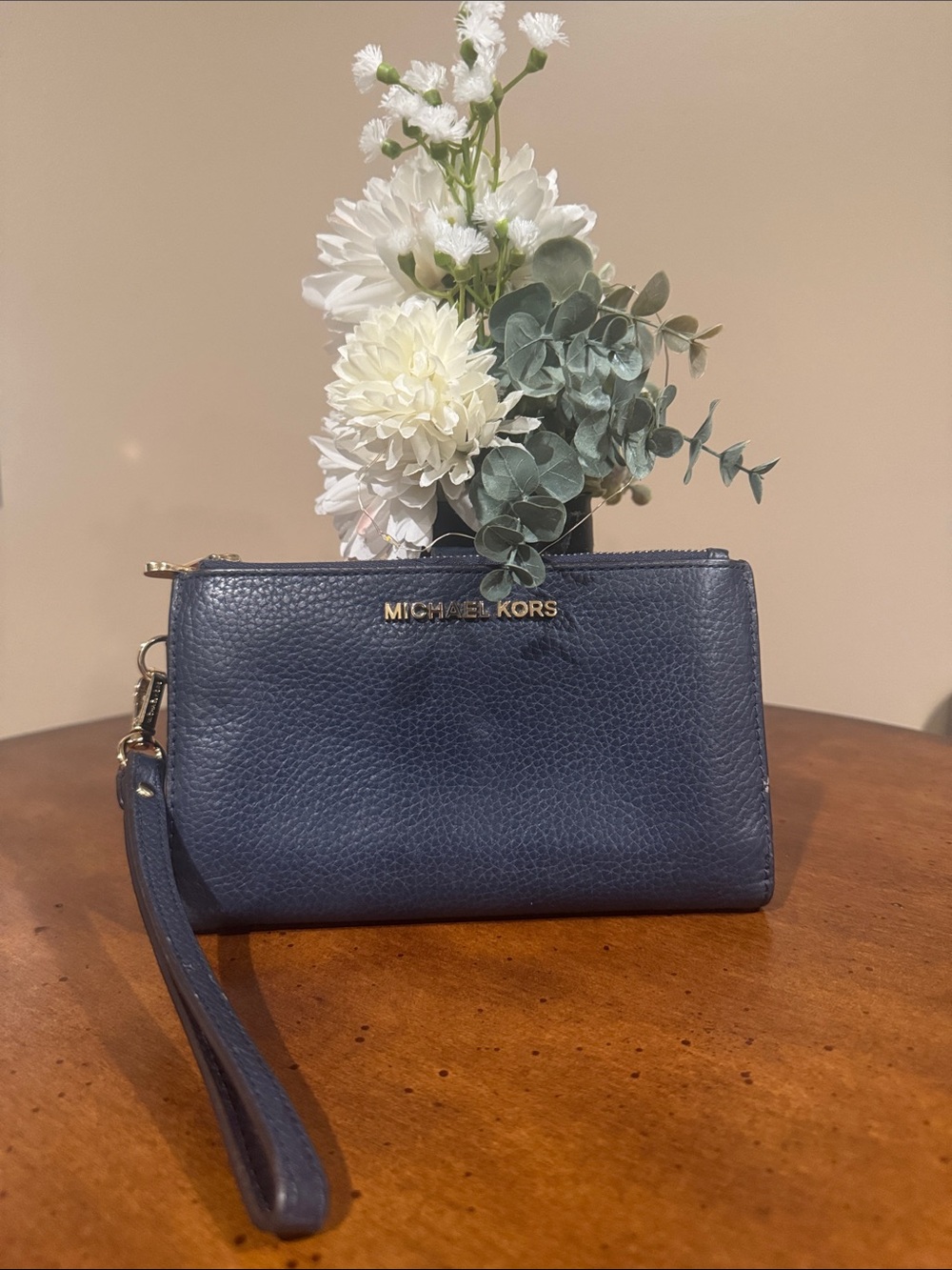 Michael Kors Navy Pebbled Leather Wristlet with Gold Hardware